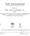 NSF certification document recognizing Water United Development Ltd for compliance with NSF standards.