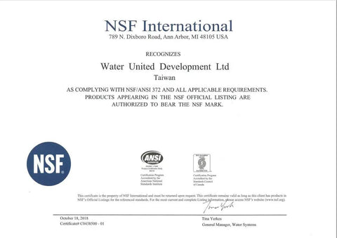 NSF certification document recognizing Water United Development Ltd for compliance with NSF standards.
