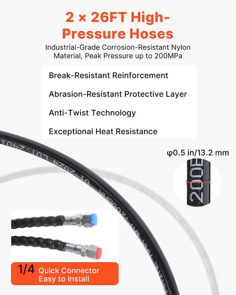 Hydraulic Boat Steering Kit for Outboard Motors 150HP with 26 Feet Hoses Two Way Lock Cylinder Relief Valve Air Pocket and Aluminum Alloy Housing Marine Steering System Plug And Play, featuring 26ft high-pressure hoses with reinforcement and connectors.