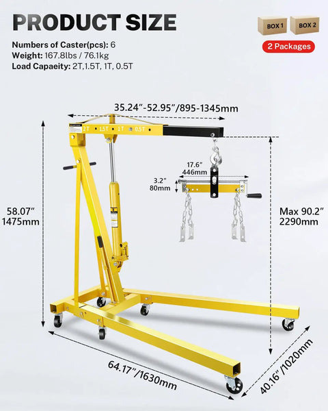 Heavy-Duty 2 Ton Hydraulic Engine Hoist And Cherry Picker Crane dimensions showing caster placement and height adjustments.