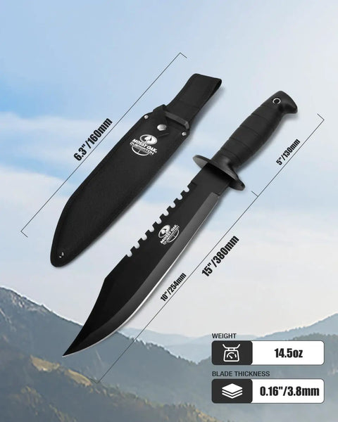 15 Inch Survival Knife With Sharpener And Fire Starter Fixed Blade Bushcraft Knife Razor Sharp Clip Point Stainless Steel on sheath