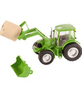 1 To 20 Scale Farm Tractor With Hay Bale And Bucket Attachment, Green Toy Tractor With Moving Front Arms, Rear Hitch For Round Baler