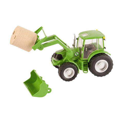 1 To 20 Scale Farm Tractor With Hay Bale And Bucket Attachment, Green Toy Tractor With Moving Front Arms, Rear Hitch For Round Baler