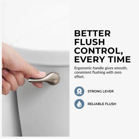 Brushed Nickel Side Mount Toilet Handle Replacement Kit for Universal Toilet Tank Flush Lever in use on toilet tank