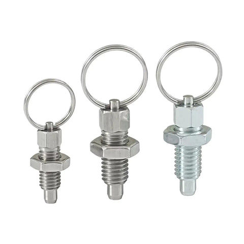 Built Tough Premium Galvanized Steel Spring Plunger Pin With Knurled Pull Ring For Smooth Rotary Indexing And Adjustable Depth Locking Grip Screw Heavy Duty Shopside Hardware M16 By 10mm 1 Pcs in three sizes with pull rings.