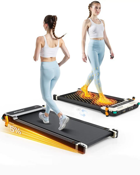Dual-Sided Walking Pad Treadmill with Incline and Shiatsu Foot Massager, 2-in-1 under desk cardio machine, black with LED display.