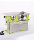 Heavy Duty Portable Electric Desktop Wood Cutting Saw With Built In Dust Catcher For Slick Forty Five Degree Angled Cuts And Hassle Free Diy Woodwork Projects Around The House, showing silver blades and green body.