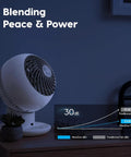 Dead Quiet Air Circulator Fan With Remote And Five Speed Controls For No Sweat Whole Room Cooling In Crisp White Finish, near plant.