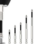 Front view of Amazon high-magnetic screwdriver drill bit set, 7-piece, 25–150mm, silver bits with black shafts, anti-slip