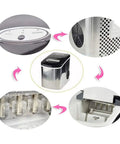 Countertop Ice Maker Machine With Premium Stainless Steel Body And Black Viewing Lid showing buttons, air vent, and interior ice tray.