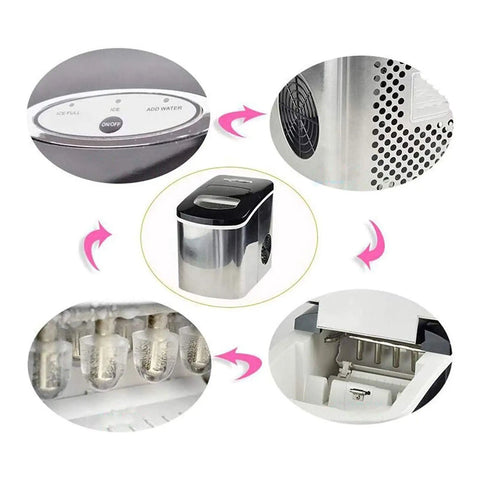 Countertop Ice Maker Machine With Premium Stainless Steel Body And Black Viewing Lid showing buttons, air vent, and interior ice tray.