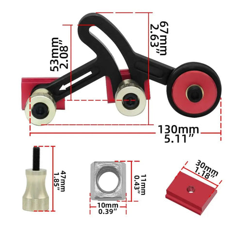 One Way Feeder Stock Guide With Anti Rebound Safety Push Block For Table Saws Featuring Adjustable Miter Sliders dimensions and parts.