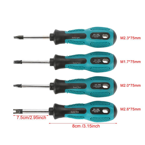 Real Deal Knockout Gear 4 Piece U Fork Spanner Screwdriver Kit With Magnetic CRV Steel Bits In M1.7 M2.0 M2.3 M2.6 Sizes, showing four screwdrivers.