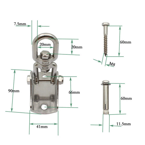 Ultra Strong 1000 Lb 304 Stainless Steel Swivel Hook With 360 Degree Rotation And Four Mounting Screws With Measurements