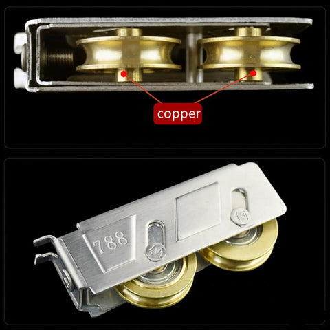 Ridiculously Smooth Stainless Steel Double Wheel Cabinet Rollers for Sliding Doors and Windows Heavy Duty Sliding Track Pulleys with copper detail.