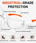 Heavy Duty Wraparound Safety Glasses Featuring Anti Fog Lens And Ansi Z87.1 Certification showing clear lenses and orange accents.