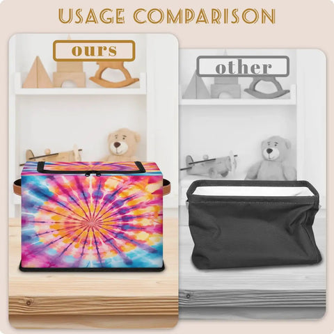 Boho Tie Dye Storage Bins With Lids Foldable Closet Organizers size comparison with a vibrant tie dye design alongside a plain storage bin.