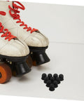 Pair of white quad skates with red laces beside Shock Absorbing Roller Skate Bushings Set For Quad And Inline Skates 10 Piece Wear Resistant Replacement Parts For Smoother Rides And Easy Maintenance With Quick Install on white background