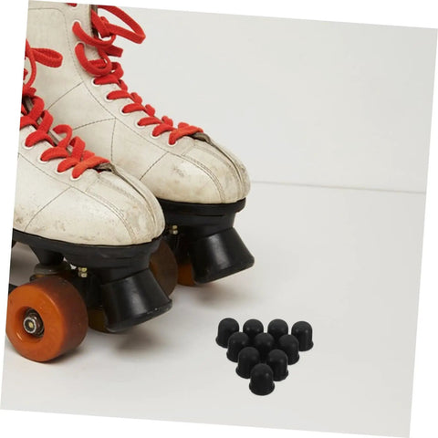 Pair of white quad skates with red laces beside Shock Absorbing Roller Skate Bushings Set For Quad And Inline Skates 10 Piece Wear Resistant Replacement Parts For Smoother Rides And Easy Maintenance With Quick Install on white background
