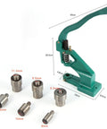 Grommet Eyelet Hand Press Tool With Interchangeable Dies, Portable Manual Banner Punch showing press and six dies on white background.