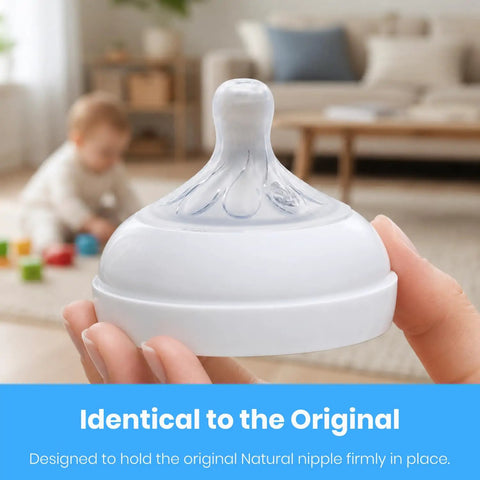 Rock Solid Replacement Collar Rings For Baby Bottles Secure Screw Lids No Spill Nipple Seals BPA Free shown with original nipple.