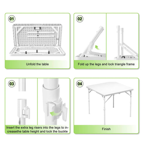 Assembly steps for 34 Inch Square Folding Table With Carrying Handle, Go To Portable Card Table Fold In Half, Indoor Outdoor Utility Dining Table