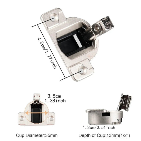 8 Pack Open Side Cabinet Hinges With 110 Degree Self Closing For Doors 16mm To 19mm Thick, 35mm Cup dimensions and details