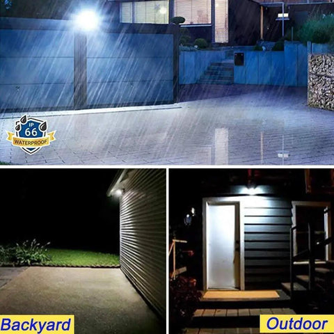 Nighttime view of lit backyard and outdoor area with 50W Warm White LED Flood Light Kit 12V DC To 60V Low Voltage Security Light For Garden Wall Yard Boat House IP66 Waterproof 2 Pack Super Bright All Weather Outdoor Lighting For Tree Patio Path illuminating entryways in rainy conditions.
