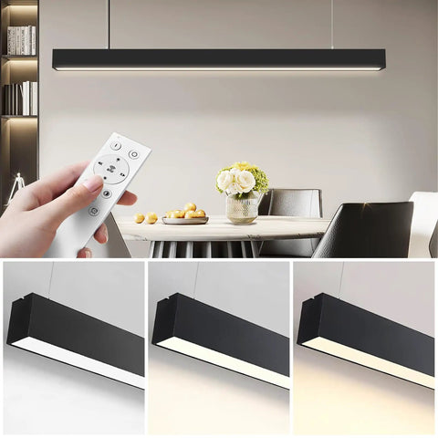 Top Shelf 4 Ft Linear Led Pendant Light With Smooth Remote Control Adjustable 3000K To 6000K Color Temperature Killer Glow in black finish