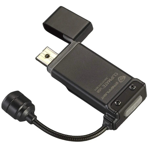 Clip On Hands Free Light With Rechargeable Power, 70 Lumen Output And 500 Candela, compact black design with USB plug and clip