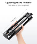 Lightweight 64 Inch Camera Tripod With 360 Degree Ball Head And Smartphone Clip folded to 39.5 cm, held in hand.