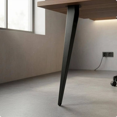 Adjustable Metal Desk Leg With Tapered Angled Profile And Built In Cable Management Pass Through For A Clean Home Office Setup Heavy Duty Study Table Support Leg Diamond Black, supporting a wooden desk in a modern office setup.