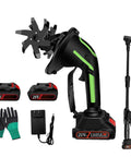2 In 1 Cordless Tiller And Cultivator for Gardens And Lawns, 21V battery powered, gloves, charger, and extension rod included