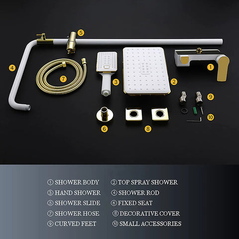 Kick Start Your Daily Ritual With This Clean White Shower Set Featuring A Smooth Waterfall Tub Spout Plus A Spacious 260 By 170 Mm Rainhead Coupled With A Practical Handheld Combo Built For Quick Wall Mounting To Elevate Any Bathroom Flex, showcasing kit components.