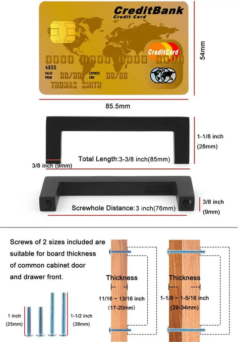Oil Rubbed Bronze Cabinet Pulls 3 Inch 10 Pack Solid Metal Handles with measurement details and screws for easy installation