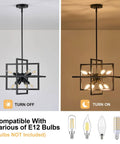 Compact Geometric Black Sputnik Pendant Light, 8-Light Industrial Chandelier on and off view, E12 bulb compatibility shown