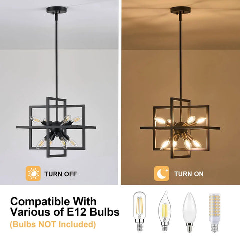 Compact Geometric Black Sputnik Pendant Light, 8-Light Industrial Chandelier on and off view, E12 bulb compatibility shown