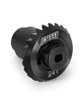 Close-up of Beefed Up 12/24T Steel Alloy Axle Gear Set For 1/24 RC Crawler Upgrade Helical Gears with brand logo