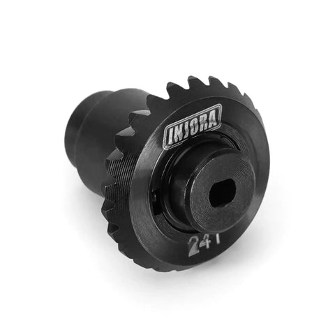 Close-up of Beefed Up 12/24T Steel Alloy Axle Gear Set For 1/24 RC Crawler Upgrade Helical Gears with brand logo