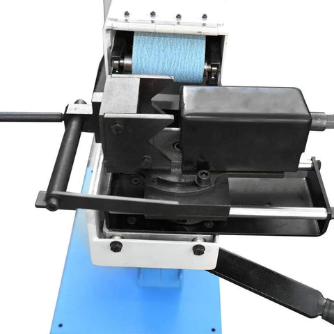 Close-up of Built Tough 3HP Industrial Tube Profile Belt Grinder And Sander With 4 By 78 Inch Belt 220V 3 Phase Motor setup.