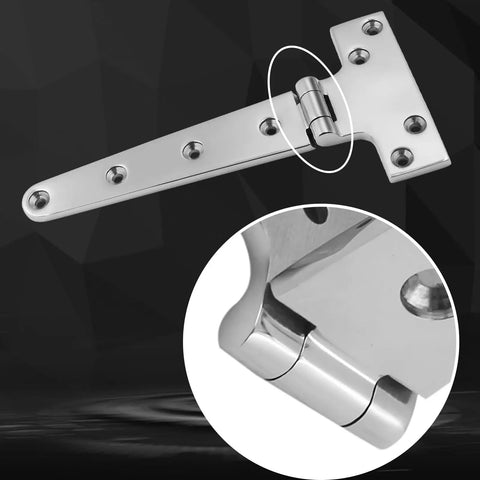 Marine Grade 316 Stainless Steel T Hinges 8 By 4 Inch Heavy Duty Boat Hatch Hardware 2 Pack polished hinge detail with mounting holes