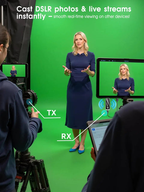 Long Range Wireless HDMI Transmitter And Receiver Kit 328ft used for live streaming in a studio with green screen setup