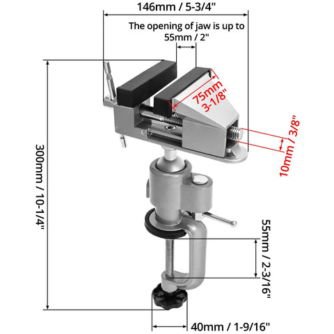 Detailed diagram of 3 Inch Do It All Tabletop Clamp Vise with 360 Degree Rotation and 45 Degree Tilt, aluminum alloy build, dimensions shown.
