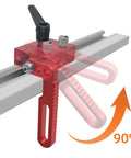 Universal 3.5 Inch Fence Flip Stop Block T Track Stop Block Featuring Dead On Calibrated Hairline Reader For Table Saw Miter And Drill Press No Sweat Alignment And Nailed Down Precision Woodworking Gear mounted on T-track, showing 90-degree movement.