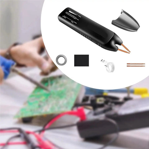 Portable Mini Handheld Spot Welder With Indicator Light for thin metal welding, USB cable, tips, and accessories display