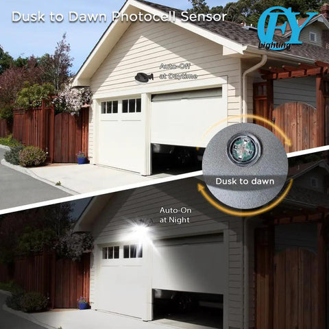 Illustration showing Dusk to Dawn 75W LED Outdoor Barn Light with photocell, switching from day to night mode for automatic lighting.