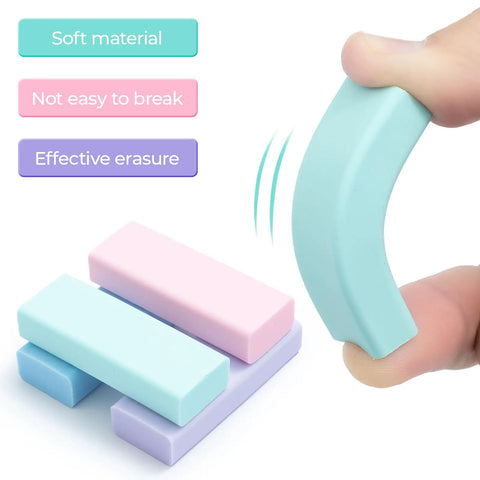 4 Pack Cute Retractable Eraser Set For Kids With Push Pull Design, colorful erasers in purple pink blue green shown, soft material