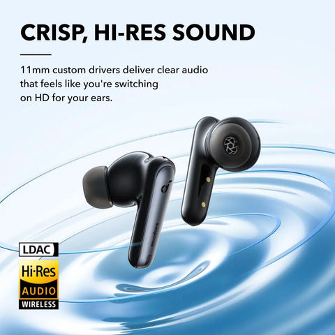 Liberty 4 NC Wireless Earbuds with Ninety Eight Point Five Percent Noise Reduction, close-up in spiraling water background.