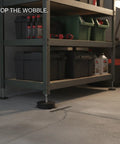 No Sweat Adjustable Leveling Feet With Grippy Rubber Base For Laundry Machines Workshop Benches And Heavy Shelving on uneven concrete under a storage rack.