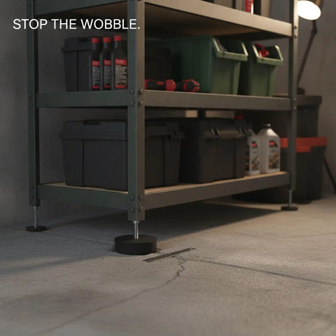 No Sweat Adjustable Leveling Feet With Grippy Rubber Base For Laundry Machines Workshop Benches And Heavy Shelving on uneven concrete under a storage rack.